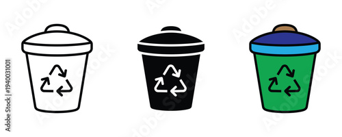 Recycling bin and waste management icon set. Trash can with recycling symbol. Vector Illustration.