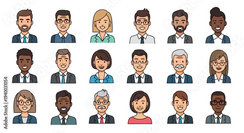 Vector Set of 18 Diverse Professional Business Avatars: Collection of Multicultural Corporate Team Characters, Office Employee Portraits, and Multiethnic Staff Icons in a Modern Cartoon Illustration.