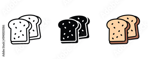 Whole grain bread slices icon set. Healthy breakfast and bakery product symbol. Vector Illustration.