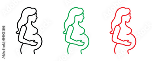 Pregnant woman profile icon set. Pregnancy and maternity healthcare symbol. Vector Illustration.