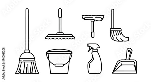 Cleaning tools and supplies collection.