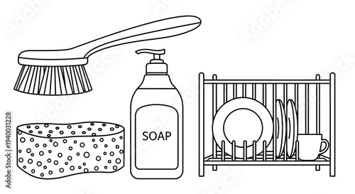 Dish soap and cleaning tools.