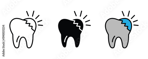Cracked tooth and dental pain icon set. Broken molar symbol for dentistry and oral health. Vector Illustration.