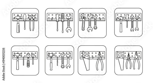 Collection of Various Tools on Pegboard.