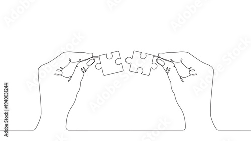 Puzzle pieces one continuous line drawing with hands connecting fragments, symbol of teamwork and solution