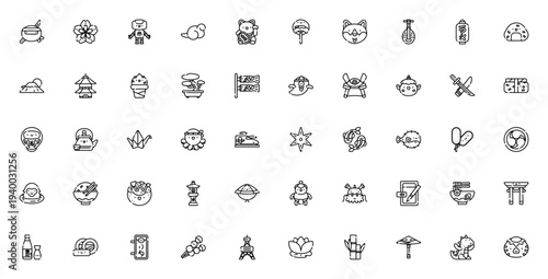 Japan icon set. Vector illustration collection featuring ninja, cherry blossom, robot, samurai, sushi, ramen, pagoda, origami, dragon, Tokyo tower and more Japanese symbols and elements.