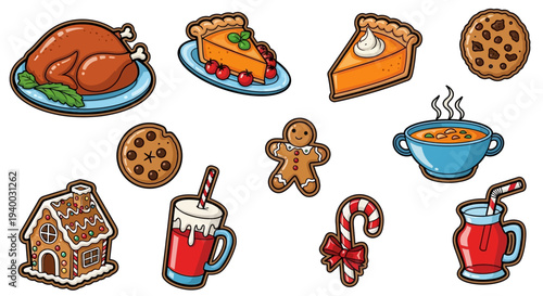 Colorful holiday food and drink items.