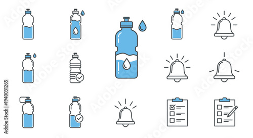 Water Bottle and Bell Icons Set.