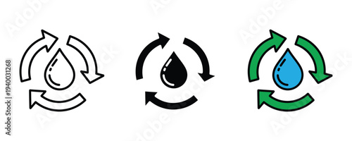 Water recycling and sustainability icon set. Water drop with circular arrows symbol for ecology. Vector Illustration.