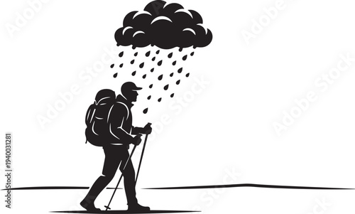 Silhouette of Hiker Walking with Backpack in Rain Weather Illustration