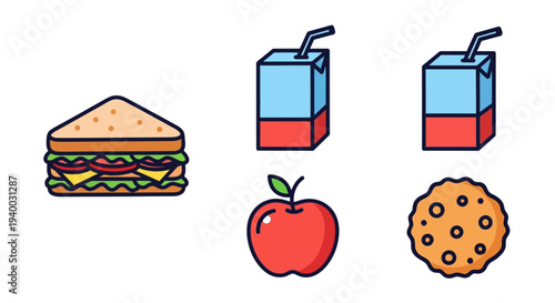 Colorful cartoon school lunch food items.