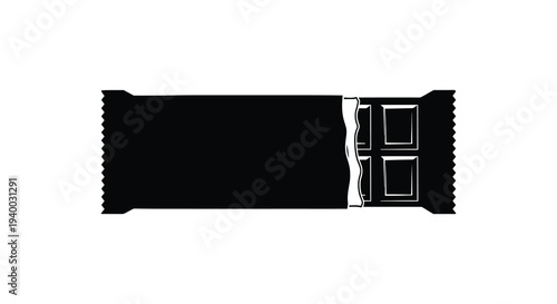 A stark black silhouette of a chocolate bar with partially unwrapped packaging is prominently displayed against a white background silhouette