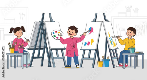 Children painting on easels creatively.