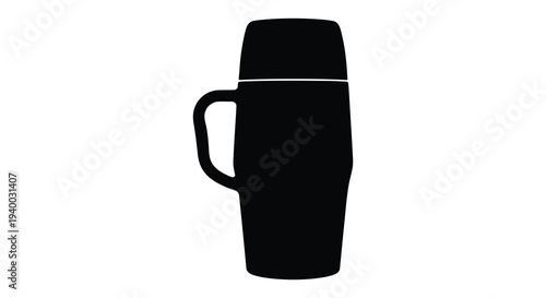 A stark black silhouette of a thermos flask against a plain white background creating a minimalist aesthetic silhouette
