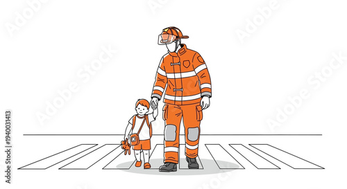 Firefighter and child in safety gear.