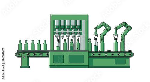 Industrial robotic arms assembling bottles.
