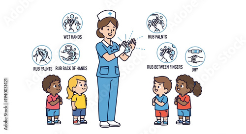 Nurse standing with children cartoon.