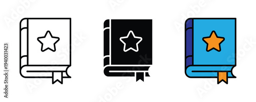 Favorite book and storytelling icon set. Notebook with star and bookmark symbol. Vector Illustration.