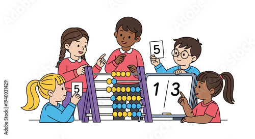 Children learning with abacus and numbers.
