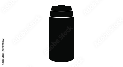 A simple black silhouette of a cylindrical container with a screw on lid isolated on a white background silhouette
