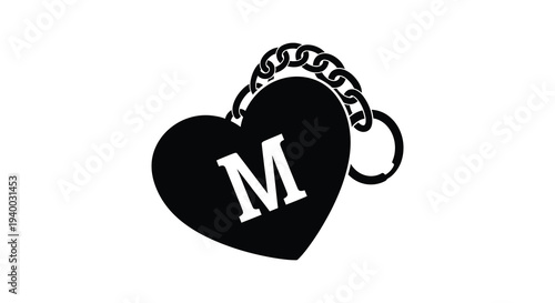 A striking black silhouette depicts a heart shape with a prominent initial framed by a decorative chain silhouette