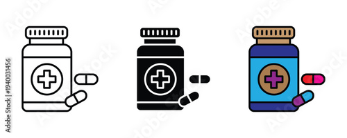 Medical pill bottle and capsules icon set. Pharmacy and healthcare medication symbol. Vector Illustration.