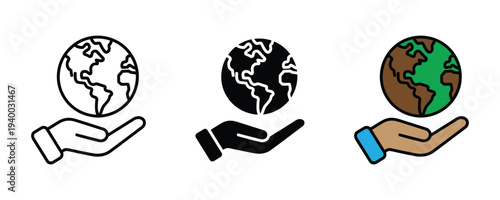 Global environmental care and earth protection icon set. Hand holding globe symbol. Vector Illustration.