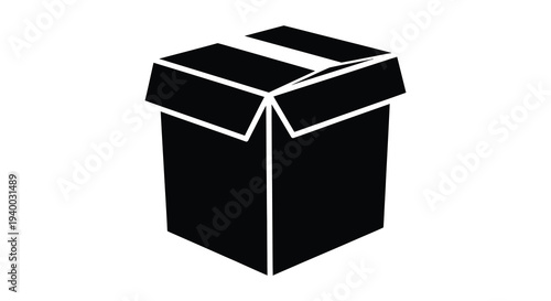 A stark black silhouette of an open cardboard box angled slightly dominates a plain white background silhouette