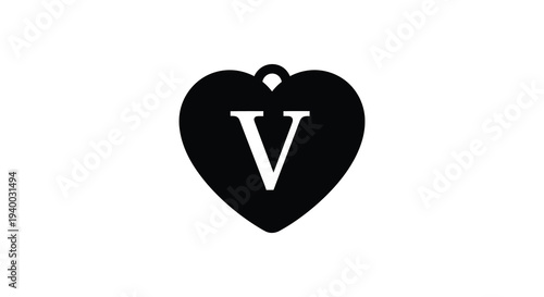 A striking black heart shape contains a prominent white letter v creating a bold visual design silhouette