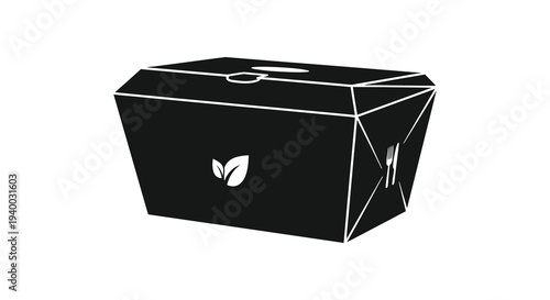 A minimalist black takeout box design with a leaf and cutlery presented as a striking silhouette high quality