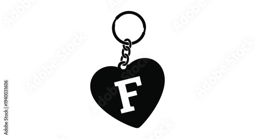 A black silhouette of a heart shaped keychain with the letter f against a white background silhouette high quality