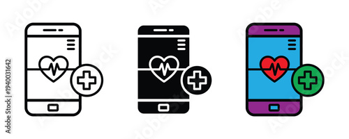 Mobile healthcare and heart rate monitoring icon set. Smartphone with heartbeat and medical plus symbol. Vector Illustration.
