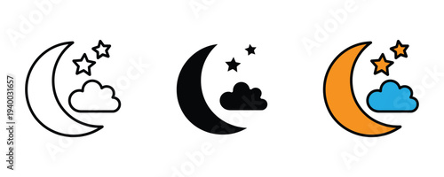 Night sky with crescent moon, stars, and cloud icon set. Sleep and bedtime weather symbol. Vector Illustration.