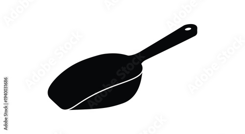 A stark black silhouette of a frying pan is presented against a clean white background creating a minimalist silhouette