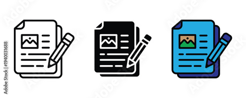Content editing and document design icon set. Paper sheets with image and pencil symbol. Vector Illustration.