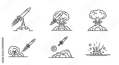 Rocket Launch Explosion and Mushroom Cloud Icons Set.