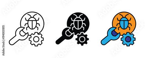 Software bug fixing and technical support icon set. Wrench, gear, and beetle symbol. Vector Illustration.