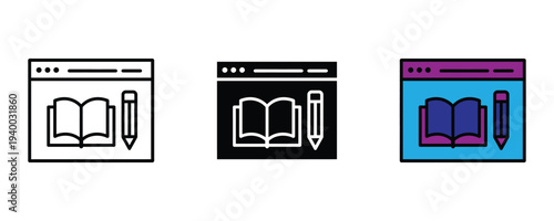 Online learning and digital education icon set. Web browser with open book and pencil symbol. Vector Illustration.