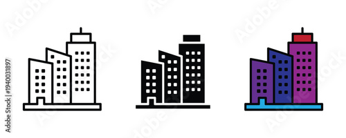 Modern cityscape and office building icon set. Urban architecture and commercial real estate symbol. Vector Illustration.