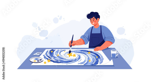 Artist painting a starry galaxy on canvas, creative hobby, art and imagination