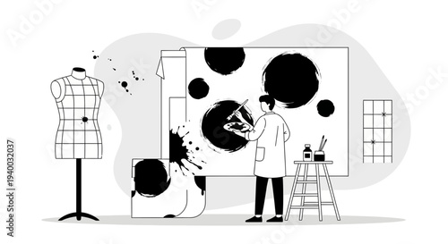 Artist painting abstract black circles on canvas near mannequin and art supplies