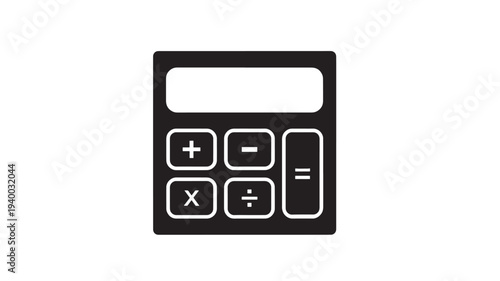 Calculator simple icon with basic arithmetic buttons and blank display screen, black and white vector graphic