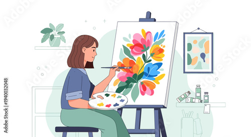 Artist painting colorful flowers on canvas in studio, creative hobby, art class