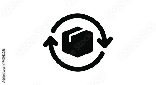 A striking black icon depicts a box encircled by rotating arrows representing cyclical processes as a silhouette