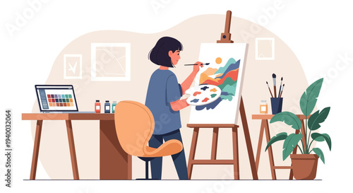 Artist painting landscape on easel in studio, creative hobby, digital art tools on desk