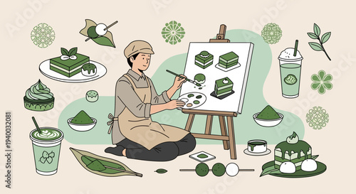 Artist painting matcha desserts and drinks, surrounded by ingredients and sweets