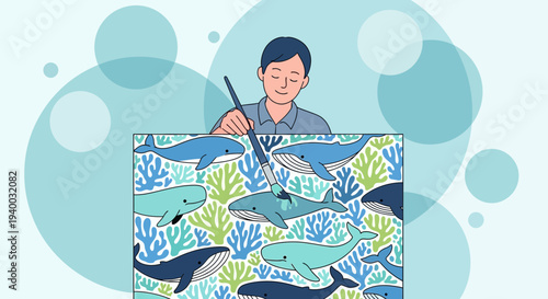 Artist paints a colorful whale pattern with coral and seaweed, illustration