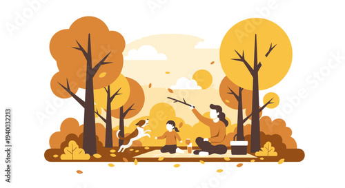 Autumn Family Picnic with Dog in Park, Playing Fetch Among Fall Leaves