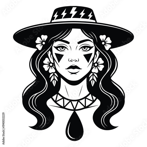 Stunning woman with tribal makeup and flowers in hair wearing stylish hat