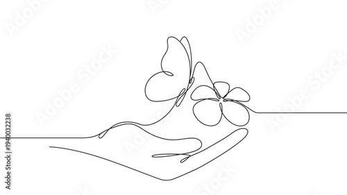 Hand holding flower and butterfly continuous line drawing with minimalist style and black outline featuring sketch, artistic, delicate with nature
